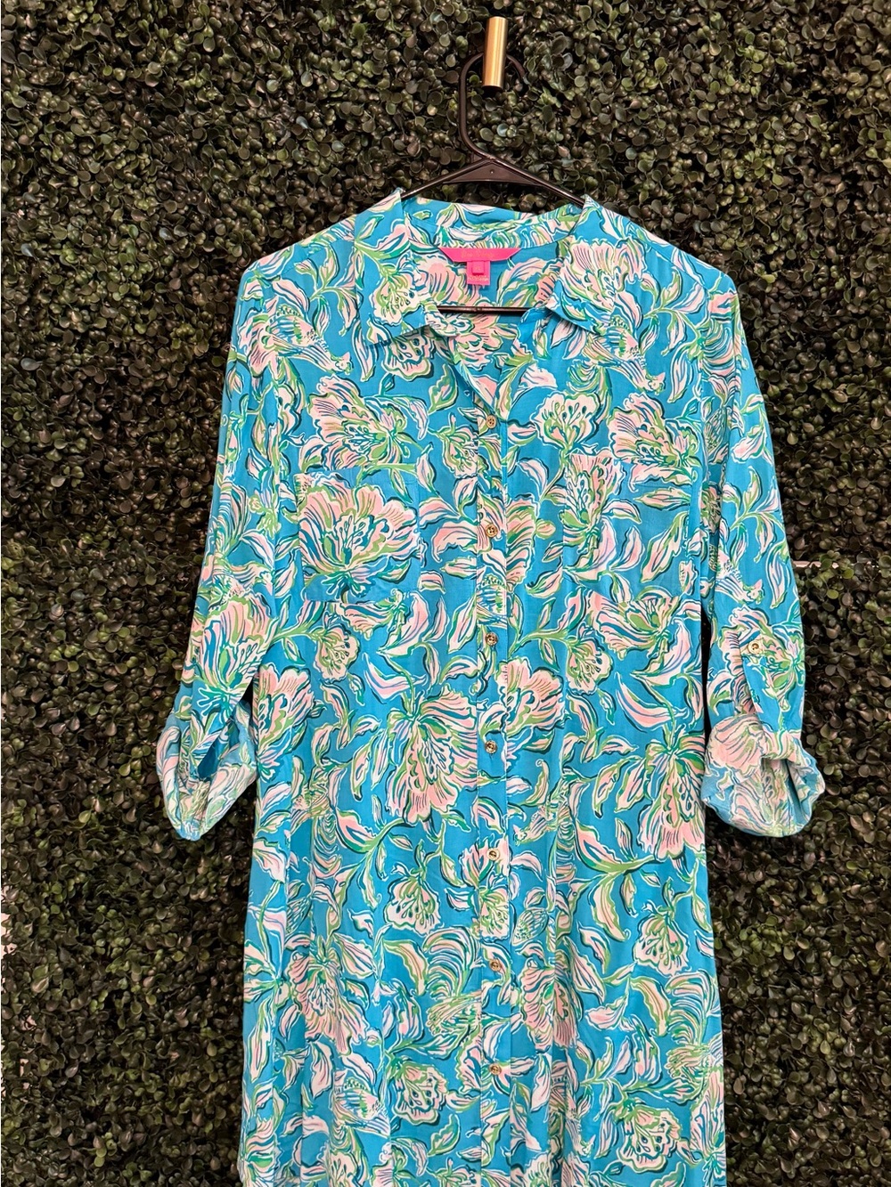 Lilly Pulitzer Turquoise Floral Collared Shirtdress with Pink & Green Accents - Picture 2 of 5